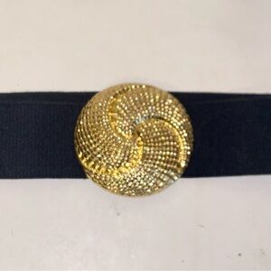 Vintage 1980s Wide Black Elastic Belt Large Gold Spiral Medallion Buckle